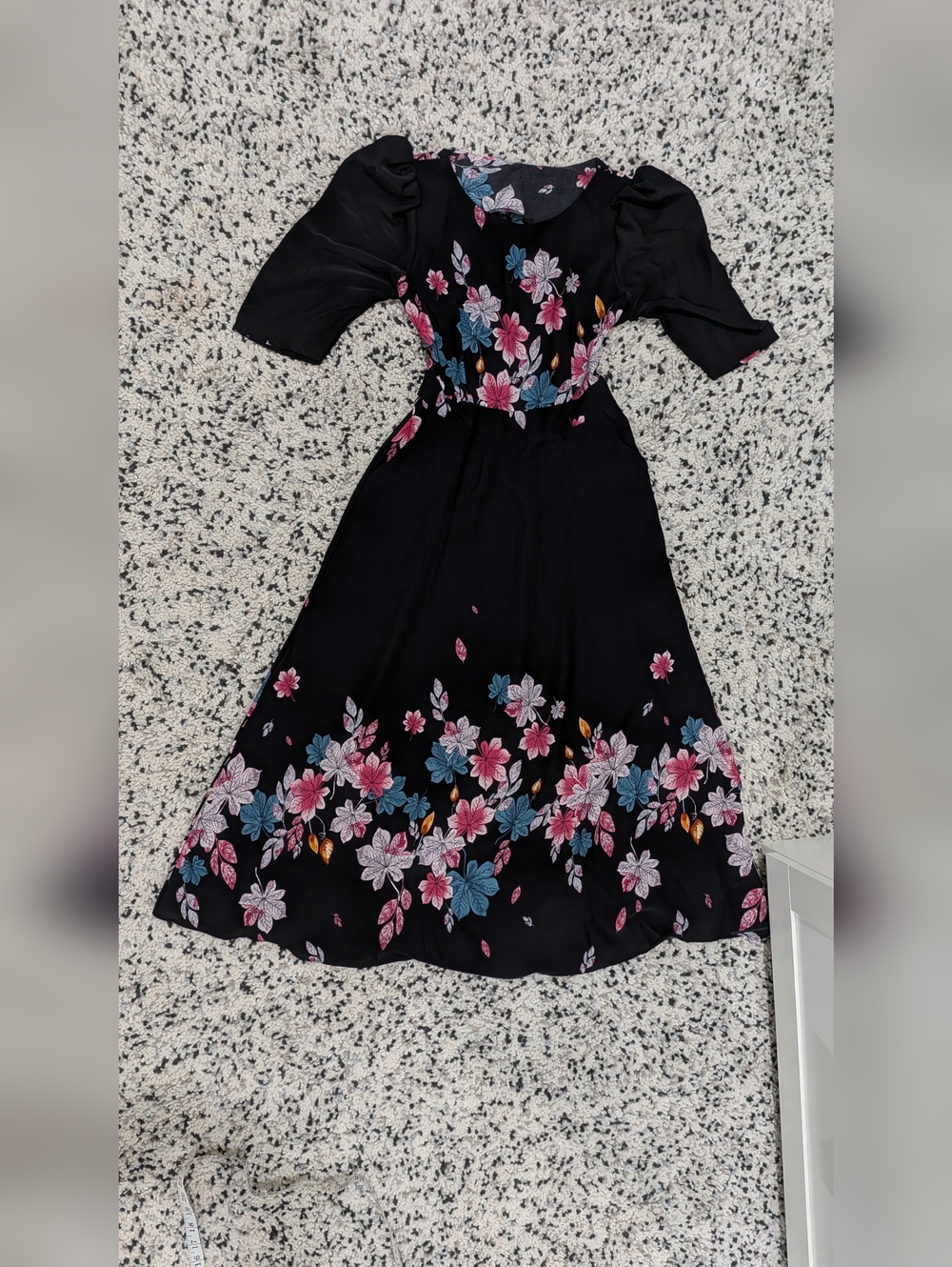 Black Floral Midi Dress with Pink & Blue Blooms- Elasticized‎ In The Back.